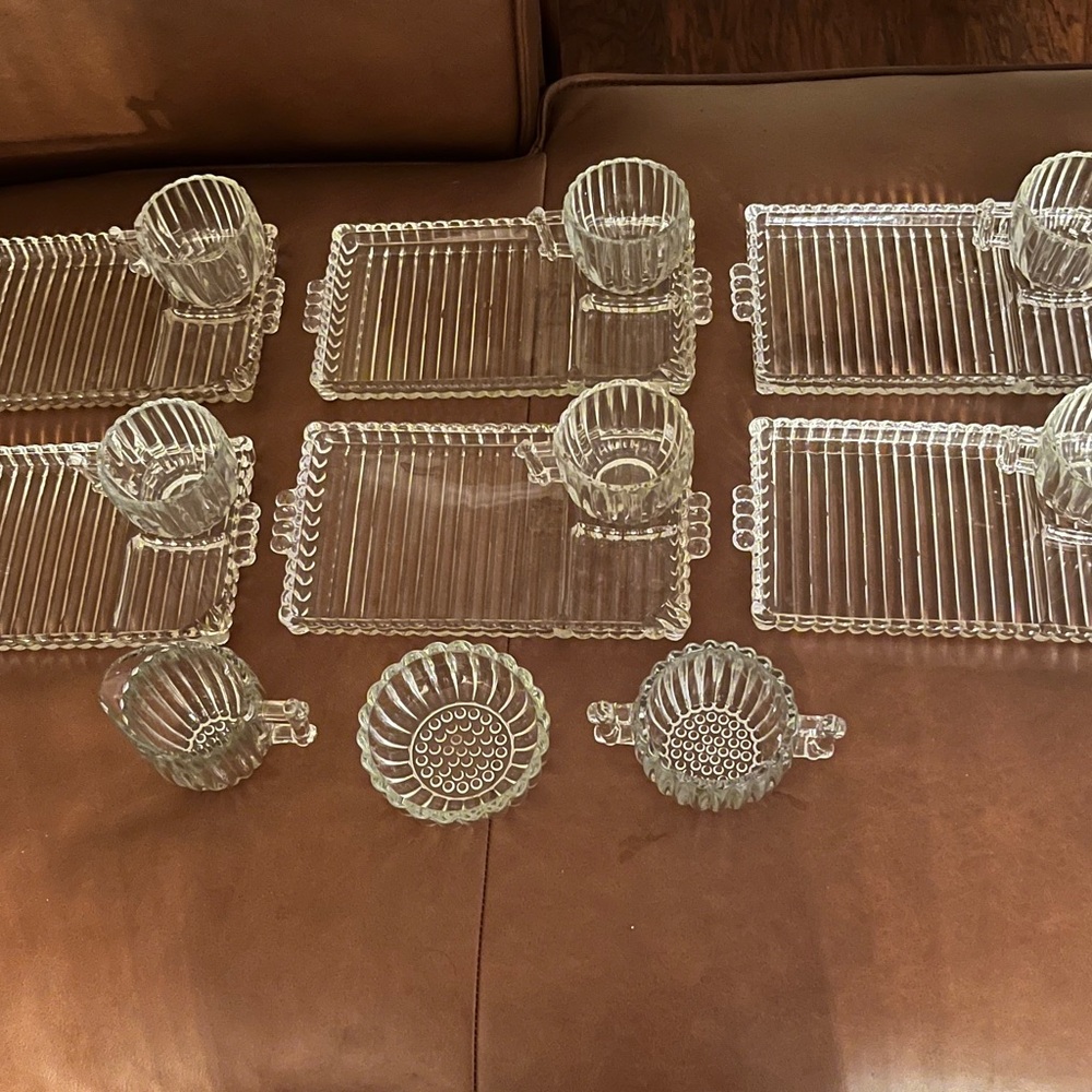 Vintage Hazel Atlas Snack/Smoke Trays w/ Cups, Creamer, Sugar & Extra Bowl